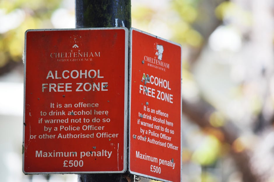 Two red Cheltenham Borough Council signs indicating an 'Alcohol Free Zone,' mounted on a black pole outdoors with a background of blurred green and yellow foliage. The signs contain white text that wa