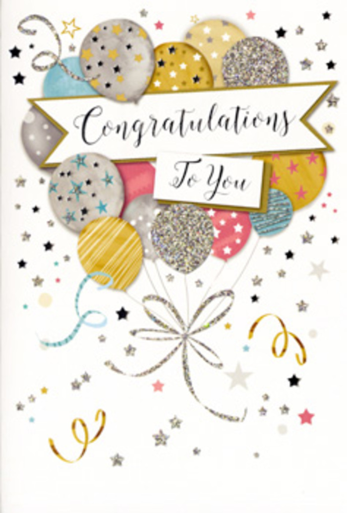 This beautifully designed congratulations card captures the spirit of a celebration in a way that feels both joyful and composed, like a quiet toast in a Pimlico café after a long-anticipated success. A graceful arrangement of balloons rises from the lower half of the card, overlapping in a loose oval that draws the eye upward. The balloons are rendered in harmonious shades of brushed gold, polished silver, soft champagne, airy sky blue and gentle pink, their surfaces decorated with tiny metallic stars, subtle glitter accents and delicate stripes that hint at a slightly raised, tactile finish. Fine gold and silver ribbons spill from the base of each balloon, curling and twisting as they descend, creating dynamic lines that echo the free-flowing nature of celebration. Around them, small stars and confetti-like dots drift across a pale, softly glowing background, as if captured in that magical moment when laughter fills a room near Vincent Square and bits of party decor hover mid-air. Stretching across the centre, a refined banner gently arcs over the balloons, carrying the phrase Congratulations To You in flowing calligraphy that feels personal, almost handwritten. The composition is carefully balanced, with the balloons providing volume and movement while the banner adds structure and focus. As a florist, it evokes the same care we put into arranging blooms-layering colour, texture and shape so that each element has room to shine. This is the kind of card you would nestle beside a bouquet delivered to a doorstep off Belgrave Road to celebrate a promotion, exam results or any cherished milestone, offering not just words but a visual echo of joy and admiration.