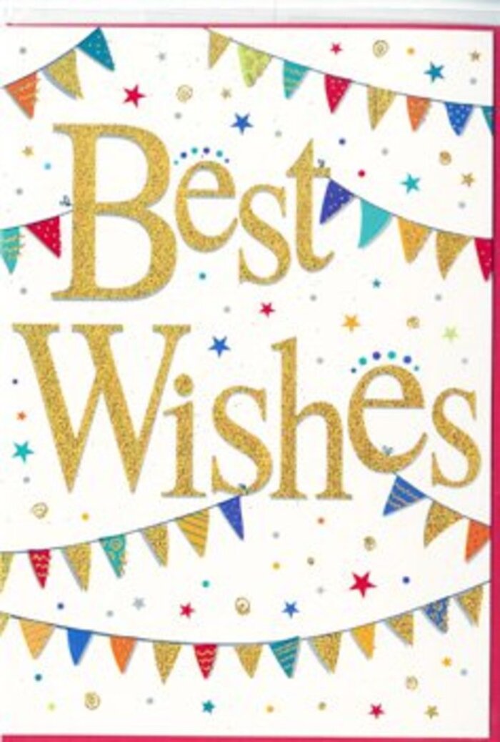 A bright and cheerful Best Wishes card is displayed, designed in a style that captures the feeling of a small community celebration tucked away in the streets of Pimlico. Dominating the centre, the words Best Wishes curl and loop in elegant, metallic gold script, the letters thick and confident yet friendly, like a warm smile. The gold has a subtle glittering finish, appearing to catch and reflect light the way bunting might shimmer above a market stall off Tachbrook Street. The background is a clean, crisp white, which allows every colour and stroke of the design to stand out clearly. Above and below the central message, strings of bunting sweep in soft curves, framing the words like a festive archway. Each pennant is a small triangle of pure delight: vivid reds, blues, greens, yellows, and purples, some solid, others patterned with dots, stripes, and tiny repeating motifs. Their placement suggests a gentle sense of movement, as if a breeze from the Thames had stirred them into a light flutter. Sprinkled around the bunting and wording, tiny star shapes and confetti dots in complementary colours add a playful sparkle, echoing the carefree joy of confetti thrown at a party. The design is celebratory but not cluttered; generous white space keeps it feeling polished and modern, suitable for any age or occasion. You can easily imagine this card tucked into a bouquet delivered to a new office near Victoria Station or handed over at a quiet celebration in a Pimlico flat. It carries an aura of genuine goodwill, a soft but steady sense of encouragement, and the reassurance that someone is truly rooting for you.