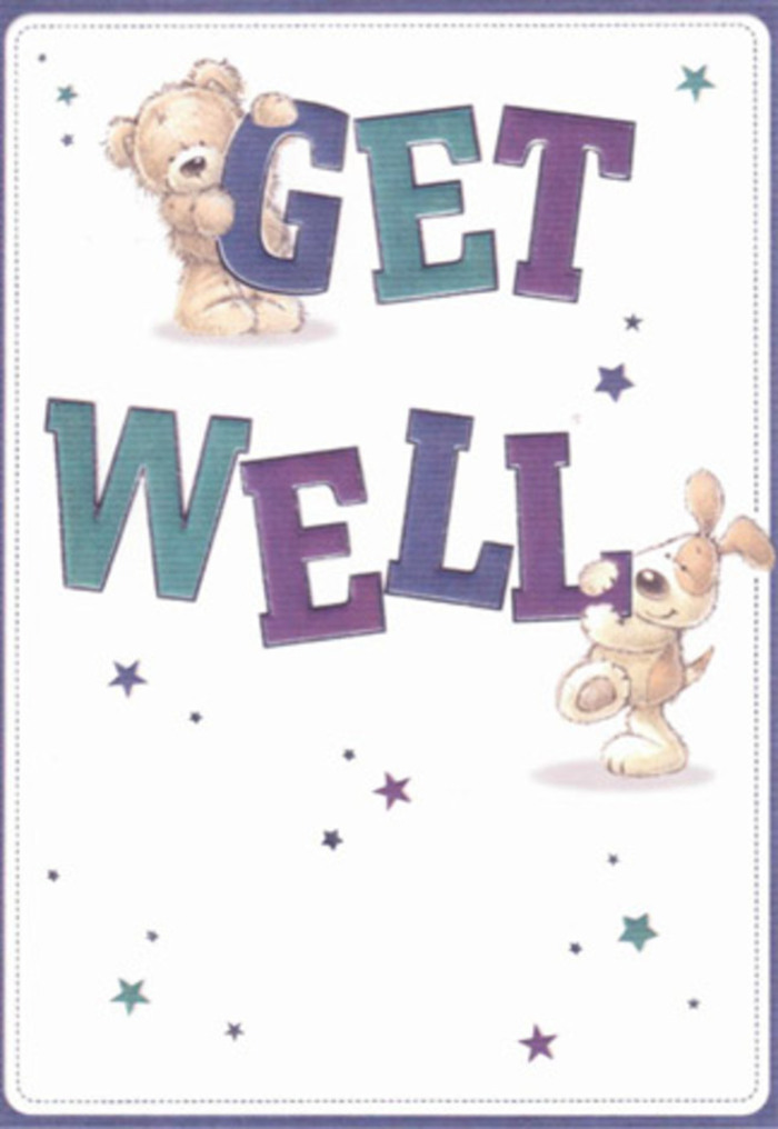 In this charming get well card illustration, the comforting companionship of a teddy bear and a puppy turns a simple phrase into a tender scene that would soothe anyone recovering at home in Pimlico or resting after a hospital stay nearby. The composition centres on the large, cheerful words GET WELL, printed in thick, rounded letters that appear almost sculpted-GET in a deep, velvety purple and WELL in a cool teal with subtle shading and highlights. The teddy bear perches delightfully atop the word GET, its chubby paws curled over the edge of the letters as though embracing them. Its fur is rendered in warm caramel and honey tones, with gentle shading that gives it a soft, plush look, like a favourite childhood bear. The bear's face, with wide, kind eyes and a small smile, suggests steady, comforting reassurance. Below, the puppy leans against the word WELL, its floppy ears drooping endearingly, framing a bright, hopeful expression. Its fur looks downy and smooth, coloured in gentle browns and creams, and you can almost imagine the warmth of a little dog cuddled at your feet. Surrounding the characters and text, small starbursts and twinkling stars in indigo, lavender, aqua, and soft blue drift across a crisp white background, like little wishes floating above the quiet streets around Warwick Way and Tachbrook Street Market. The overall effect is airy and uncluttered, giving the design a clean, healing feel similar to the calm created when a thoughtfully arranged get well bouquet is placed in a room. It feels like something chosen with care by a close friend, a card that would sit beautifully beside fresh flowers, whispering gentle encouragement and offering a light-hearted, hopeful presence through every stage of recovery.