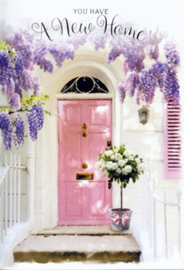 This image captures the poetic calm of a Pimlico doorway just as a new chapter begins, the kind of scene you might stumble upon wandering side streets between Tachbrook Street Market and St George's Drive. A pale pink front door stands as the gentle focal point, its smooth, satin-like finish reflecting a soft, golden light that suggests either early morning or the last, cherished hour of afternoon. Above it, wisteria tumbles in plush, lavender swags, each bloom-laden stem spilling over the lintel and down the sides, creating the sense of a natural, fragrant curtain. The flowers are abundant but not overwhelming, their delicate clusters moving slightly in an imagined breeze, and filling the space with a softness that seems almost audible. The surrounding wall is whitewashed, with subtle imperfections that lend character, while a nearby shutter, painted in a muted pastel, mirrors the door's blush tones and binds the façade together with quiet harmony. On the doorstep, a florist's bucket holds a lush arrangement of white and cream roses, each head round and layered, cradled by sprigs of fresh greenery that introduce hints of cool, natural green against the pale tones. A pink ribbon wraps the base of the bucket in a neat bow, its satin loops resting gently, as if just placed for a finishing touch before the florist stepped away. It feels like a thoughtful housewarming delivery in SW1-a floral embrace left waiting at the threshold. The whole composition radiates warmth, serenity, and optimism; it's a visual wish for happiness in a new home, expressed through climbing wisteria, welcoming paintwork, and a simple bucket of beautifully chosen roses.