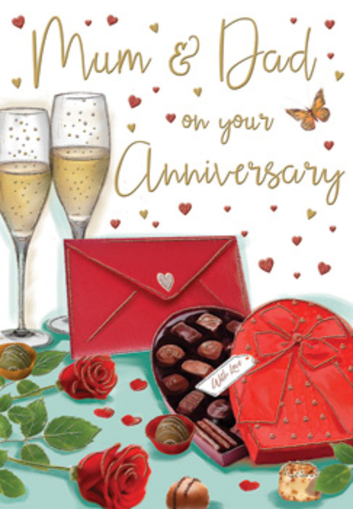 Detailed anniversary card illustration showing a beautifully arranged still life, reminiscent of a romantic celebration in a Pimlico flat overlooking the quiet side streets off Belgrave Road. In the foreground, two voluptuous red roses lie gently on a tabletop, their velvety petals unfolding in layers of crimson, as if freshly chosen from a display at Pimlico Florist. The deep green leaves clustered around the blooms provide a natural frame, their slightly textured surfaces adding contrast and realism. Nestled close to the flowers is an open, heart-shaped box of chocolates in a rich red hue, its lid tilted to the side and tied with an elegant, flowing red bow. Inside, each chocolate is meticulously illustrated, with smooth domes and delicate square pieces arranged in neat rows, inviting thoughts of indulgent sharing. Just behind this, two slender champagne flutes stand together, filled with sparkling golden liquid; tiny bubbles rise to the surface, catching the light and creating a sense of movement, as though the glasses have just been poured in anticipation of a toast. Around the central arrangement, golden and crimson hearts drift softly across the card, surrounding a hand-lettered dedication to Mum & Dad that curves gracefully, echoing the softness of the roses. To the side, a bold scarlet envelope lies ready, its pointed flap neatly closed, suggesting a private anniversary message waiting to be read. The overall scene is lit with a warm, gentle glow, creating an atmosphere of affection, celebration, and long-lasting partnership, like an evening at home after a surprise delivery of flowers and treats somewhere near Tachbrook Street Market.