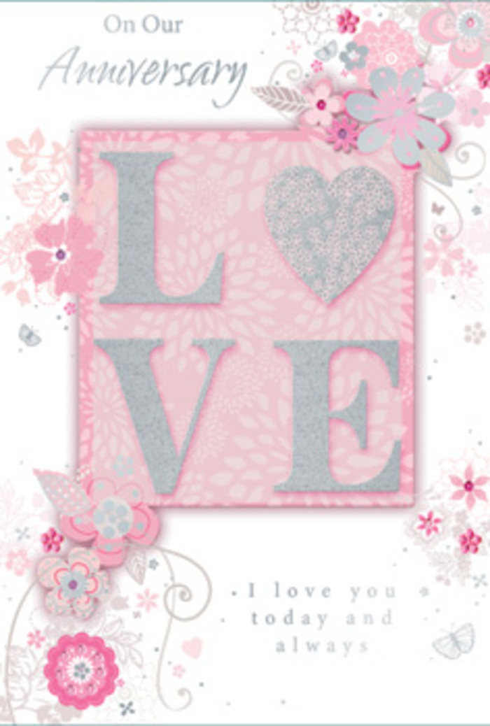 An artfully designed anniversary card rests in view, its aesthetic as gentle and refined as a bespoke bouquet prepared for a quiet Pimlico mews. The card's focal point is the word LOVE, set proudly across the middle in raised, embossed lettering that has been kissed with fine glitter. The finish shimmers between blush pink and soft silver, catching the light in tiny flashes that recall the way candlelight dances over crystal vases at an anniversary dinner. The letters look deliciously tactile, inviting you to run a fingertip across their surface and feel the gentle ridges. Framing this central word is a delicate border of hand-drawn flowers, leaves, and whirling tendrils that seem to drift like petals caught in a light breeze along the Embankment. The blooms unfold in harmonious tones of blush, ivory, and whisper-soft grey, each one outlined with precise, almost calligraphic lines, as if a florist at Pimlico Florist had sketched an arrangement before selecting the freshest stems. Sprays of foliage curl around the illustrated petals, giving the card organic movement, while slender swirls and subtle flourishes add a touch of romance without crowding the design. The background is a gentle blush that fades into pearlescent white, evoking the soft glow of morning light filtering through sash windows. In the lower section, an anniversary message appears in graceful script, expressing enduring love and gratitude in a way that feels sincere rather than ornate. Together, the textures, colours, and flowing lines create the impression of a hand-tied bouquet translated into paper form, a tender keepsake that quietly celebrates years of shared life in Pimlico.