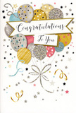 The congratulations card pictured here radiates a warm, uplifting joy, like walking through quiet Pimlico streets with a small but meaningful gift tucked under your arm. At its centre is a cheerful cluster of balloons, gathered together like a festive bouquet. They float upwards in a loose arrangement, each balloon distinct yet harmonious in its softly metallic hues of gold, silver, champagne, sky blue and blush pink. Fine decorative details-tiny stars, delicate stripes and hints of glitter-catch the light and give the impression of gently textured surfaces, as though you could feel the raised ink and sparkling accents under your fingertips. Slender ribbons in glimmering gold and silver trail from the balloons, swirling and looping across the design with a graceful, hand-drawn energy. Around them, small metallic stars and curling streamers are scattered across a pale, luminous background, evoking the joyful chaos of confetti released at a celebration near the Thames. Floating through the centre of the arrangement is an elegant banner bearing the message Congratulations To You in flowing, stylish script. The message feels sincere and heartfelt, balanced perfectly between formality and warmth. Every element of the composition-from the soft colour palette to the sweeping lines of ribbon-works together like a thoughtfully arranged bouquet from a local Pimlico florist, designed to mark life's proudest moments. This card would sit beautifully beside flowers on a hallway console or office desk, a gentle reminder of achievement, support and shared happiness long after the initial fanfare has passed.