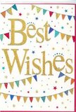 The image shows a joyful Best Wishes greeting card whose design feels as bright and inclusive as a local celebration in Pimlico. At the heart of the card, the phrase Best Wishes is written in sweeping gold script, the metallic finish catching the light in a way that suggests fine foil or delicate glitter. The letters look gently raised, giving the impression of depth and a slightly textured touch, standing out clearly against the fresh white backdrop. Curving gracefully above and below the words are rows of colourful bunting, like garlands stretching between terrace houses near Pimlico's quiet garden squares. Each triangular flag is painted in lively shades-deep blues, ruby reds, grassy greens, sunshine yellows, and warm pinks-with an assortment of patterns, from tiny polka dots to neat stripes and mosaic-style shapes. These bunting strands form soft arcs that cradle the message, creating a sense of warmth and celebration. Scattered across the rest of the card are small stars and confetti-like dots in matching colours and subtle hints of gold, adding to the impression that joy has been lightly sprinkled across the surface. The overall composition remains airy and refined, so the design feels festive without being overpowering. It is easy to imagine this card nestled beside a carefully arranged bouquet from Pimlico Florist, heading out for same-day delivery to mark a promotion, a new home off Belgrave Road, or the start of a new chapter. The card's mood is unmistakably positive-hopeful, encouraging, and quietly radiant with good wishes.