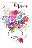 This illustrated Mother's Day card features a joyful, watercolour-style bouquet that seems to glow against a clear white backdrop, like a fresh arrangement about to be carried through the streets of Pimlico. At the heart of the design, generous blossoms in rich cerise, warm rose pink, and velvety magenta cluster together, their petals loosely defined with flowing indigo outlines that give the flowers character without making them feel rigid. Surrounding them, softer blooms and abstract petals in lavender, sky blue, and gentle apricot drift outward, creating a sense of lightness and movement, as if caught in a soft spring breeze coming off nearby Battersea Park. Fine threads and accents of gold pick out the curves of petals and leaves, adding subtle sparkle that recalls sunlight on shopfront windows along Lupus Street. Scattered across the card are playful paint splashes and little heart shapes, like petals tossed in celebration, reinforcing the theme of affection and joy. The bouquet is anchored in a rounded, painterly vase washed in calm blue tones, finished with a neat golden bow that hints at the sort of ribbon a florist might tie around a hand-tied bouquet ready for same-day delivery across Pimlico and Westminster. The design feels both spontaneous and thoughtfully composed, capturing the warmth, gratitude, and quiet pride of giving something beautiful to Mum. This card becomes a floral embrace in ink and colour, perfect for accompanying real flowers or standing alone as a heartfelt Mother's Day message.