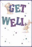 A whimsical illustrated get well card shows two endearing friends-a plump teddy bear and a floppy-eared puppy-working together to hold up the bold message GET WELL. The bear, with soft caramel fur that looks almost touchable, leans over the top of the deep purple word GET, its rounded paws gripping the letters as if giving them a reassuring hug. Below, the little puppy, all velvety ears and dappled fur, props its paws against the rich teal letters of WELL, gazing upward with a hopeful, loyal expression that feels like a wagging tail in still form. Around them, starbursts and tiny twinkling stars in shades of indigo, lavender, and aqua drift across a clean, creamy white background, like gentle wishes floating over the rooftops of Pimlico on a quiet evening. The typography is thick, curved, and friendly, shaded with subtle highlights that make the words appear almost three-dimensional, as though they could be picked up like a card tucked into a bouquet. There is no clutter, only airy white space framing the characters, giving the design the same light, healing calm as fresh flowers placed by a bedside. The card captures the mood of a caring neighbour popping round from just off Lupus Street with a bright posy and a smile: simple, sincere encouragement wrapped in playful charm. You can almost imagine this card resting beside a get well arrangement, its characters offering gentle company as someone recovers at home near Churchill Gardens or overlooking the quiet streets around Pimlico station, carrying comfort, positivity, and a childlike sense of reassurance.