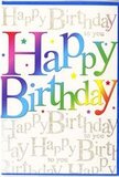 The photograph features a vibrant birthday card that seems almost to hum with celebration, like the buzz of friends gathering for a party in one of Pimlico's hidden courtyards. Across the middle, the phrase Happy Birthday stretches in full, confident letters, each one dipped into a different colour from a rich, rainbow palette. Deep reds soften into sunset oranges, move through warm yellows and leafy greens, then cool into ocean blues and hints of violet, all blended smoothly so that no single hue dominates. These colourful letters stand out sharply from a refined background of pale, creamy white, overlaid with delicate lines of gold script repeating Happy Birthday to you in a continuous, flowing pattern. The script is thin and elegant, like handwriting from a treasured card kept in a drawer, and its metallic finish catches the light with a subtle sparkle, similar to the glint of glass in shopfront windows along Warwick Way. Scattered lightly around the main phrase are tiny stars, dots, and flecks of colour, echoing the rainbow tones and adding a playful, confetti-like detail that makes the card feel alive and in motion. The card appears to be printed on smooth, high-quality stock with a gentle satin sheen, giving the colours added depth without harsh reflection. Framed closely with soft, even lighting, all attention stays on the joyful design. This is the sort of birthday card a local florist might choose to accompany a mixed arrangement of bright gerberas, roses, and seasonal blooms for same-day delivery around Pimlico, turning a simple birthday wish into a vivid, memorable gesture.
