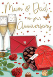 Illustrated anniversary card capturing the feeling of a cosy family celebration, as if set in a warm Pimlico living room after a special delivery arrives. The composition centres on two full, velvety red roses placed on a tabletop, their petals richly layered and slightly curled at the edges, with deep green leaves fanning out around them to create a lush, natural bed of foliage. Beside the blooms is a heart-shaped chocolate box in a deep red shade, its lid open and edged with a theatrical red bow that loops and trails in soft curves. Inside the box, a selection of chocolates is drawn in tempting detail, each piece shaded to appear smooth and glossy, suggesting different flavours just waiting to be shared. Behind this intimate arrangement, two tall champagne flutes stand close together, filled with a pale golden drink that sparkles with fine bubbles, evoking the soft clink of glasses raised in a toast. Scattered across the background, tiny hearts in tones of gold and crimson float gently around flowing hand-lettered wording for Mum & Dad, adding a playful yet heartfelt touch that feels perfect for an anniversary celebration around St George's Drive. A vivid scarlet envelope rests nearby, angled to show its crisp flap, hinting at an affectionate handwritten message tucked safely inside. The lighting is warm and comforting, as though cast by evening lamplight, and the overall mood blends romance, gratitude, and the enduring warmth of a shared life-an image that speaks of quiet celebration and timeless love in the heart of Pimlico.